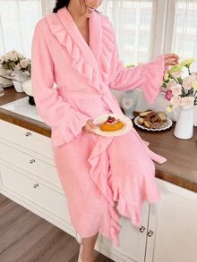 Snug Reverie Vintermorgonrock i plysch med lång ärm och volangkant - Rosa - Visa 6