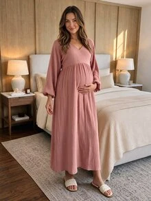 SHEIN Maternity Home Dress Loose Comfortable 100% Cotton - Dusty Pink - View 5