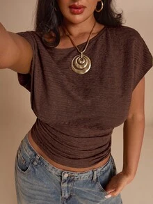 SHEIN BAE CURVE 大尺碼女款純色不對稱單肩蝙蝠袖抓皺修身T恤 - 咖啡棕 - 查看 7