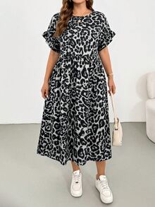 SHEIN Essnce Plus Size Women's Spring Summer Fashion Casual Loose Cool Comfortable Daily All-Match Versatile Slimming Brown Leopard Print Ruffle Short Sleeve Midi Dress With Pockets, Outing Outfit, Vacation Dress - Grey - View 4