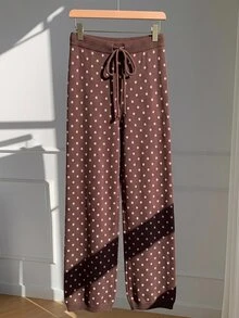 CovetEZ 女款秋季新款棕色與粉色波點抽繩針織長褲，秋季女裝，秋冬風格，適合日常通勤、約會、聚會、秋冬、夏季、派對、婚禮、海灘、畢業典禮等場合，優雅休閒，適合外出，Y2K風格，音樂節等場合 - 彩色 - 查看 3