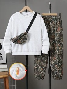 SHEIN 3件組兒童青少年男孩休閒日常百搭舒適迷彩印花圓領套頭寬鬆衛衣、鬆緊束口寬鬆運動長褲、針織加厚保暖內裡衛衣套裝 - 淺灰色 - 查看 5