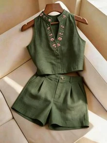 Flora Isola Flora Isola 女款夏季刺繡兩件套，清爽亞麻感無袖上衣與短褲套裝，刺繡立領無袖上衣兩件套，日常通勤休閒穿搭 - 綠色 - 查看 3