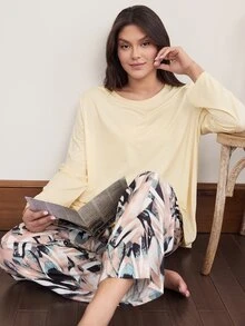 Doze Lane Minimalist Solid Color Long Sleeve Top + Abstract Art Print Pants Plus Size Loungewear Set - Multicolor - View 1