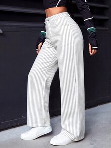 SHEIN PETITE Celana Jeans Kasual Wanita Bergaris dengan Kancing dan Saku, Potongan Lebar. - Putih - View 5