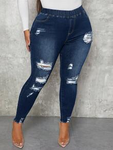 Slaydiva Plus Size Casual Washed Distressed Slim Fit Jeans - Dark Wash - View 1