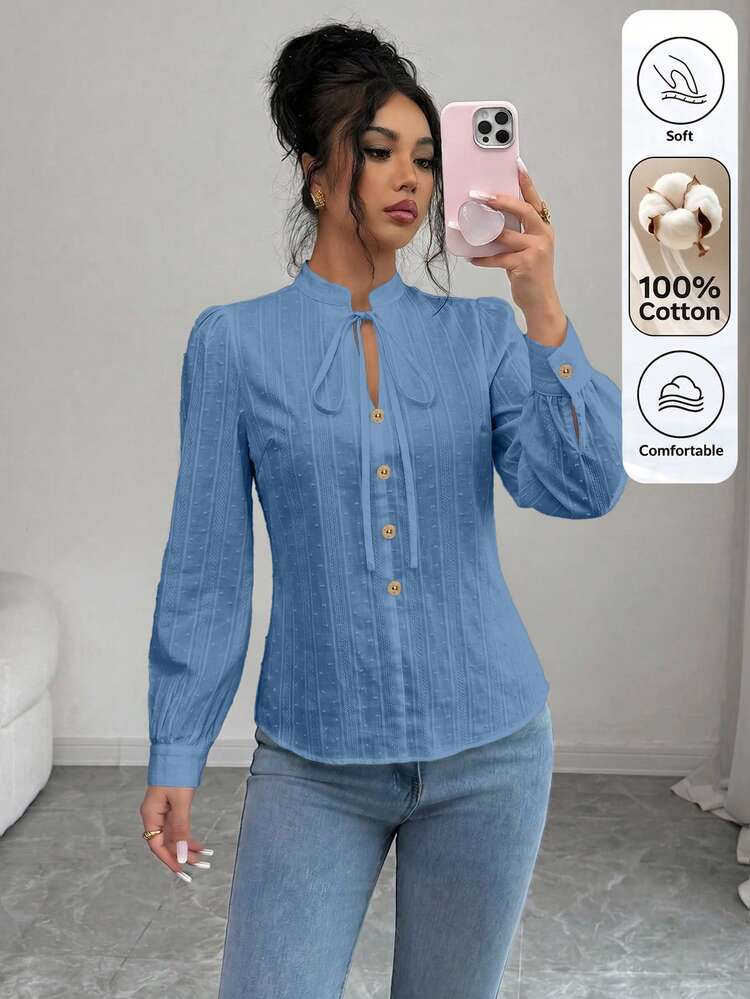 Selianne Women's Summer/Autumn White Textured Jacquard Fabric Small Stand Collar V-Neck Loose Fit Long Sleeve Blouse, Elegant Sophisticated Professional Office Wear, High-Aura Formal Meeting Occasion Outfit, Back To School Season, Teacher's Day Outfit, Autumn New Arrival Essential Fashion Piece, Niche Design Versatile Long Sleeve Shirt - Medium Wash - View 3