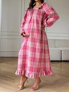 DAZY Plaid Loose Long Dress With Ruffle Hem, Casual Everyday Korean Style For Young Women, Spring/Autumn Maternity Dress - Pink - View 6