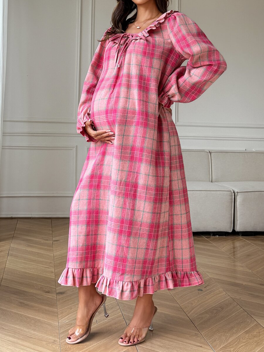 DAZY Plaid Loose Long Dress With Ruffle Hem, Casual Everyday Korean Style For Young Women, Spring/Autumn Maternity Dress - Pink - View 1