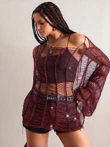 Freevana Plus Size Slash Neck Distressed Fr Halloween Going Out Club Dark Purple Autumn Sexy Business Casual - Burgundy - View 6