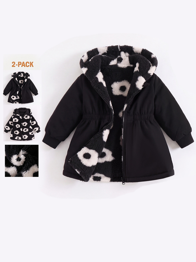 SHEIN 2 Packs Baby Girl Autumn/Winter All-Match Versatile Casual Thickened Floral Fleece Waist-Cinching Long Coat Outerwear