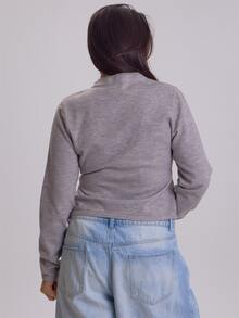 MUSERA Plus Size Grey Button Detail Long Sleeve Top Winter Fall Womens Outfit Casual - Khaki - View 4