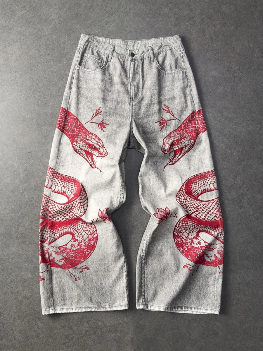 ROMWE MEN بنطلون جينز كاجوال يومي للرجال مع جيب وزر ونقشة ثعبان - رمادي - مشاهدة 1