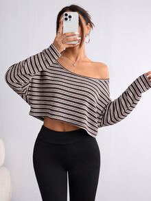 Flirla 女款條紋圓領長袖T恤，舒適休閒Y2K街頭時尚，百搭秋/冬日常穿搭上衣 - 鏽棕色 - 查看 6