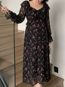 Dazy Maternity Full Ditsy Floral Ruffle Trim Long Sleeve Elegant Vacation Korean Style Spring Autumn Maternity Dress - Black - View 1