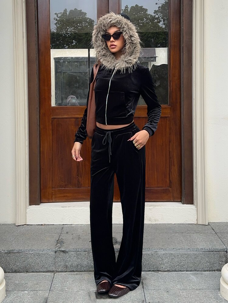 SHEIN EZwear Halloween Christmas Black Velvet Knit Women's Patchwork Fur Zipper Front Hooded Top And Pants 2 Pieces Set - Black - View 6