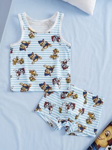 SHEIN | PAW Patrol Young Boy Cartoon Print Striped Casual Daily Top - Blue and White - View 1