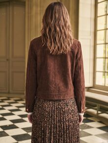 Dayvera Women's Autumn/Winter Short Structured Brown Suede Jacket, Long Sleeve Coffee Color Minimalist Old Money Style Versatile Jacket - Brown - View 5
