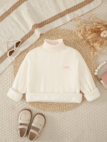 SHEIN 1件女童套頭毛衣，抓絨內裡高領麻花編織，純色簡約百搭寬鬆柔和風格，常規厚度整齊下擺柔軟舒適，適合日常、外出、旅行、度假、居家、育兒及各種場合，亦適用於秋冬、聖誕、開學、派對等場合 - 白色 - 查看 5