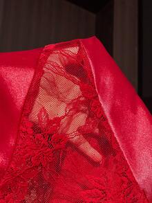 SilkySpell Plus Size Red Camisole & Shorts Set, Lace Patchwork Sexy Sleepwear - Red - View 6