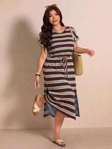 Elaquor Casual Pattern Plus Size Round Neck Short Sleeve Dress, Suitable For Spring And Summer - Multicolor - View 1