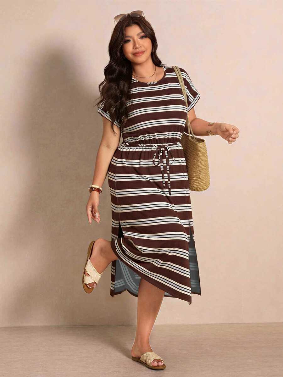 Elaquor Casual Pattern Plus Size Round Neck Short Sleeve Dress, Suitable For Spring And Summer - Multicolor - View 1