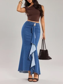 Rivivi Women's Patchwork Ruffle Fashion Mermaid Denim Skirt - Blue - View 1