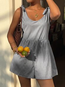 SHEIN EZwear 海軍藍與白色編織女款連身短褲 度假海灘夏季熱帶性感 - 黑與白 - 查看 6