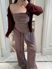 Vibekara Plus Size Solid Color Knit Cardigan, Striped Top With Slim Fit And Drawstring Detail, Elegant Casual Commute Daily Wear, Autumn Essential - Brown - View 7