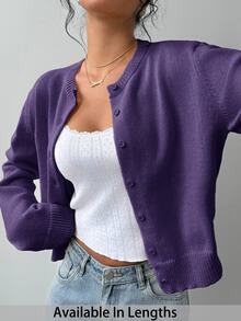 SHEIN Tall CURVE 大尺碼女款休閒純色圓領長袖寬鬆短版開襟針織外套 - 紫色 - 查看 1