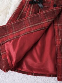 SHEIN Tween Girls' Back To School Autumn Vintage Red Plaid Overcoat With Bow Decor, Peter Pan Collar, Double-Breasted Daily Jacket - Red - View 8