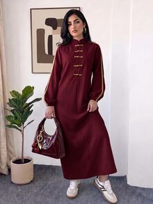 Solavon Women's Loose Long Sleeve Dress With Frog Button Design - Burgundy - View 4