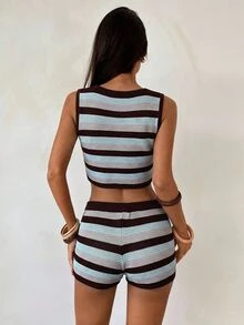 Aloruh 女款棕色條紋短版針織背心與針織短褲套裝 度假夏季海濱風休閒熱帶風 - 彩色 - 查看 2
