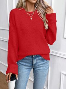 SHEIN 女款時尚紅色圓領捲袖羊毛混紡套頭毛衣，適合秋冬休閒購物、假日派對、約會 - 紅色 - 查看 7