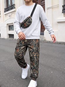 SHEIN 3件組兒童青少年男孩休閒日常百搭舒適迷彩印花圓領套頭寬鬆衛衣、鬆緊束口寬鬆運動長褲、針織加厚保暖內裡衛衣套裝 - 淺灰色 - 查看 6