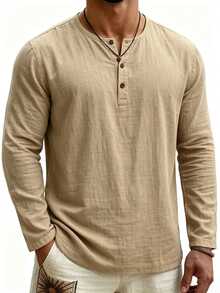 Manfinity Dauomo Men's Solid Color Casual Commute Long Sleeve Polo Shirt - Khaki - View 1
