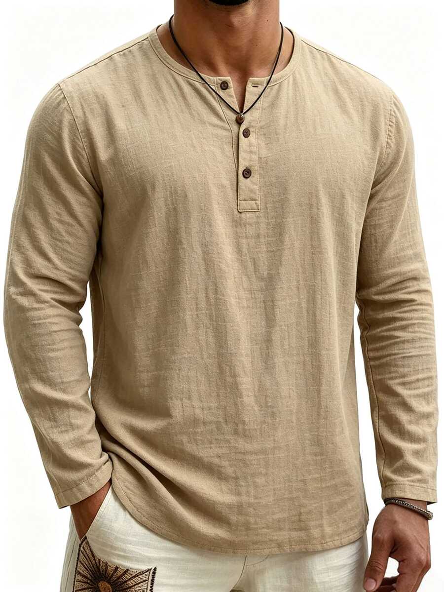 Manfinity Dauomo Men's Solid Color Casual Commute Long Sleeve Polo Shirt - Khaki - View 1