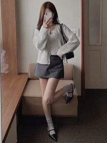 DAZY Women's Loose Long Sleeve Round Neck Casual Vacation Autumn/Winter Knit Cardigan With Embroidered Pattern - Grey - View 3