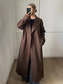DAZY Brown Lapel Double-Breasted Loose Oversized Overcoat Jacket For Women, Casual Autumn/Winter - Coffee Brown - View 3
