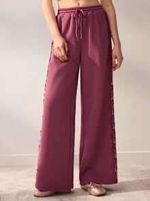Willow Rêve Women's Purple Loose Straight Leg Patchwork Wide Leg Pants, Side Lace Trim With Drawstring Elastic Waist, Solid Color Casual Romantic Bohemian Style, Suitable For Autumn Vacation And Travel Outfits - Rose Red - View 5