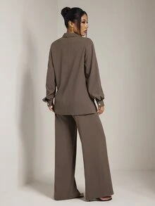 SHEIN PETITE Women's Casual Commute Solid Color Shirt And Pants Set - Brown - View 2