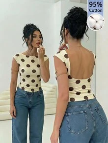 Aloruh 初秋 Y2K 休閒復古波點 95% 棉印花露背女款 T 恤，舒適，適合外出 - 淡黃色 - 查看 2