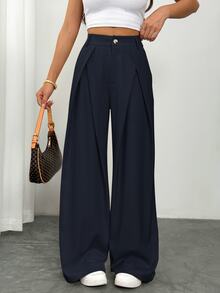 Vivamere Setelan Wanita Celana Panjang Kaki Lebar dengan Detail Lipit - Navy Blue - View 6