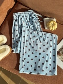 Comfortcana Plus Size Women Polka Dot Casual Versatile Wide Leg Pants For Daily Wear - Baby Blue - View 4