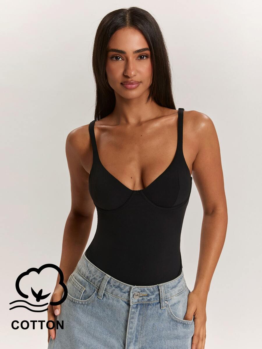 SHEIN BAE 女款純色休閒細肩帶背心 - 黑色 - 查看 1