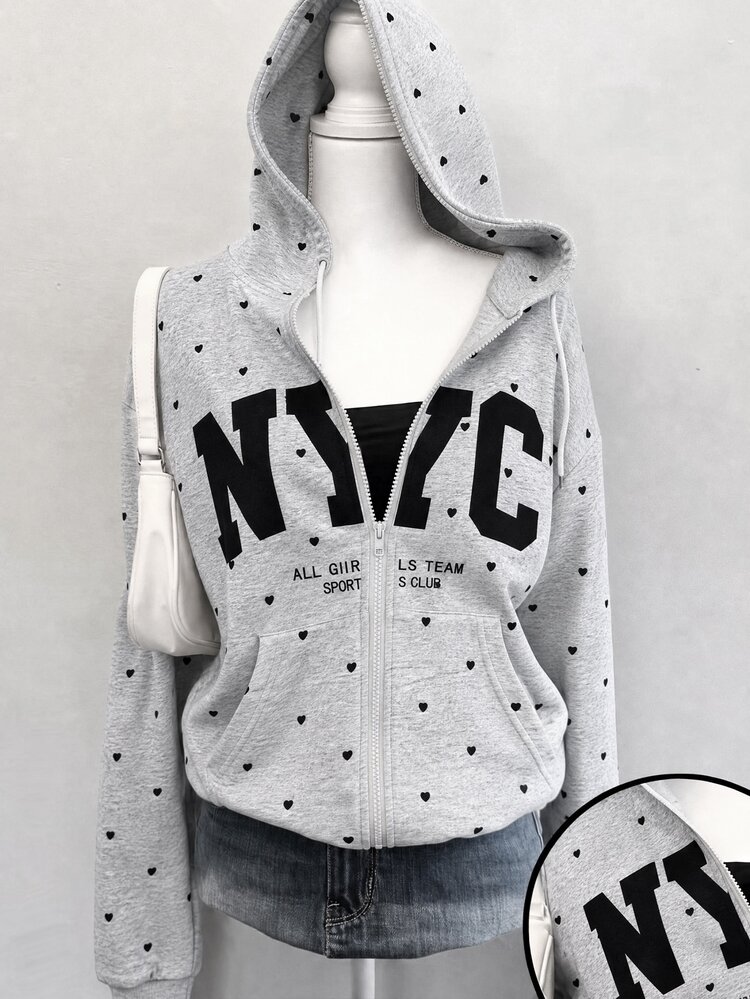 Tween Girl Hooded Drawstring Grey Polka Dot Letter Print Zipper Front Sweatshirt Back-To-School School Autumn Streetwear - Grey - View 4