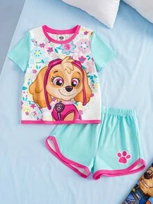 SHEIN | PAW Patrol Young Girl Crew Neck Short Sleeve T-Shirt And Shorts Loungewear Set - Mint Green - View 1