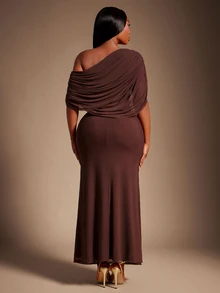 Radiana Plus Size Women's Spring/Summer Fashion Elegant Long Dress, Asymmetrical Drape One-Shoulder Design, Combining Goddess Style And Greek-Inspired Pleated Details - Brown - View 2