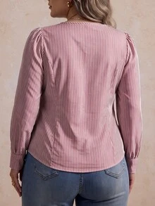 Elegantrix 女款大尺碼秋季 1 件方領百褶腰垂直條紋襯衫，法式花瓣袖修身顯瘦通勤長袖上衣 - 彩色 - 查看 3