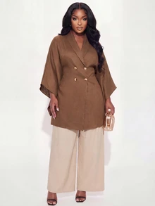Poshavie Poshavie Plus Size Women's Fashion Blazer, Loose Double-Breasted Minimalist Elegant Business Casual Jacket, Suitable For Commuting, Office Evening Brown - Brown - View 6